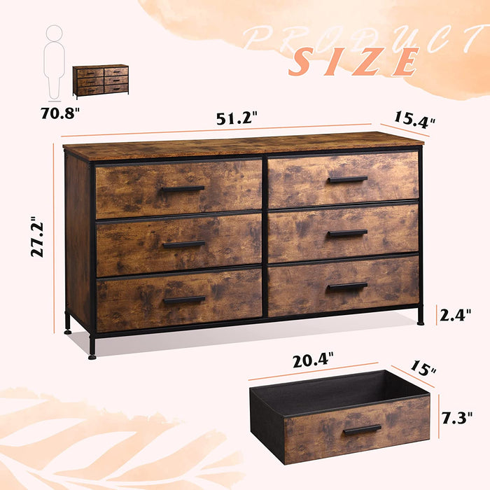 Fabric Double Dresser with 6 Drawers, Rustic Brown