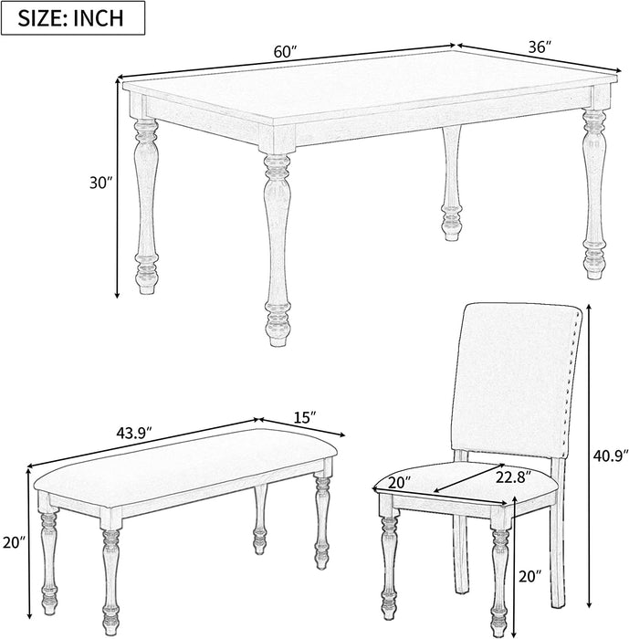 French Style 6-Piece Dining Table Set with Bench, Gray