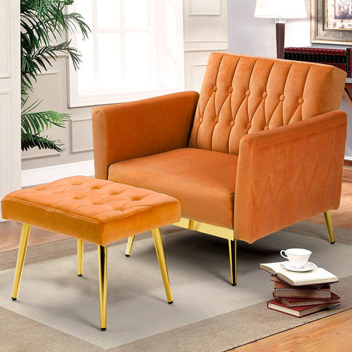 Velvet Accent Chair with Adjustable Armrests, Orange