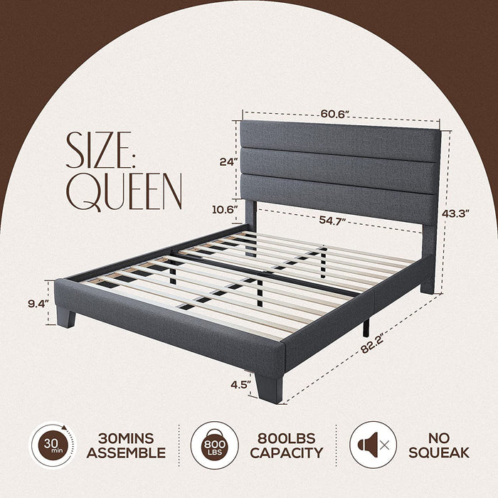 Queen Platform Bed Frame with Upholstered Headboard
