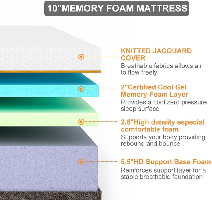 Queen Gel Memory Foam Mattress, 10 Inch