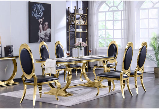 7 Pieces Modern Dining Room Table Set with 6 Black Leather Dining Chairs