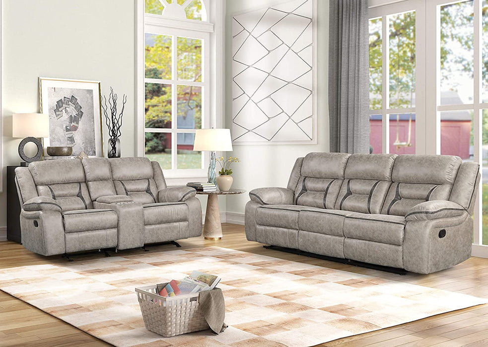 Taupe Reclining Sofa and Loveseat with Storage