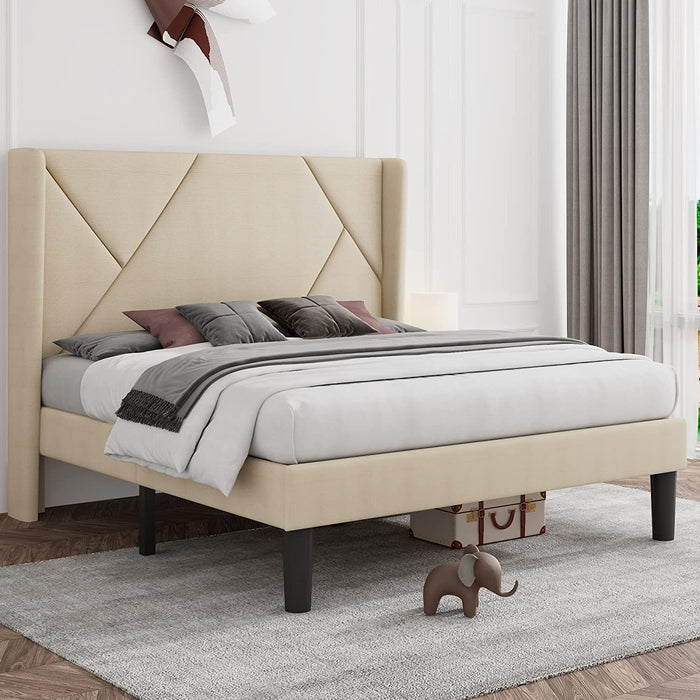 Beige Full Size Upholstered Platform Bed