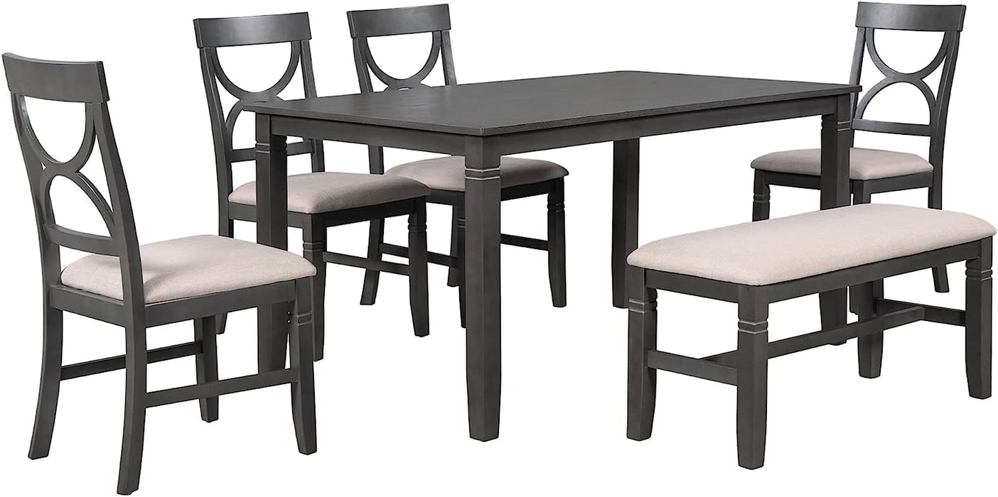 6-Piece Wood Dining Table Set with Upholstered Bench and 4 Chairs