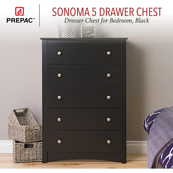 Sonoma 5-Drawer Black Chest for Bedroom