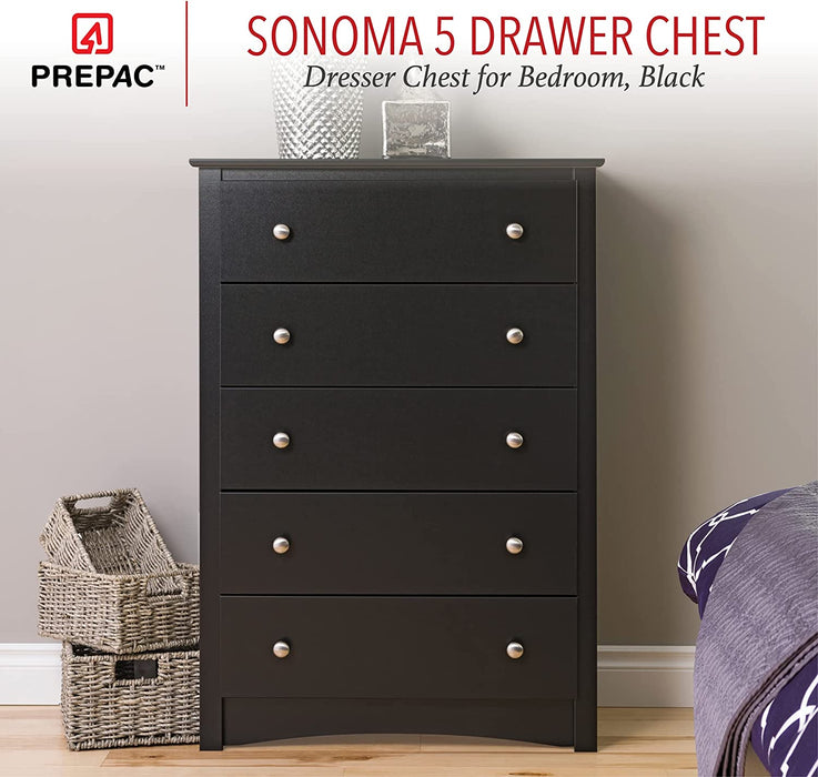 Sonoma 5-Drawer Black Chest for Bedroom