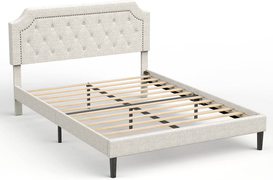Queen Upholstered Platform Bed Frame with Nail Headboard