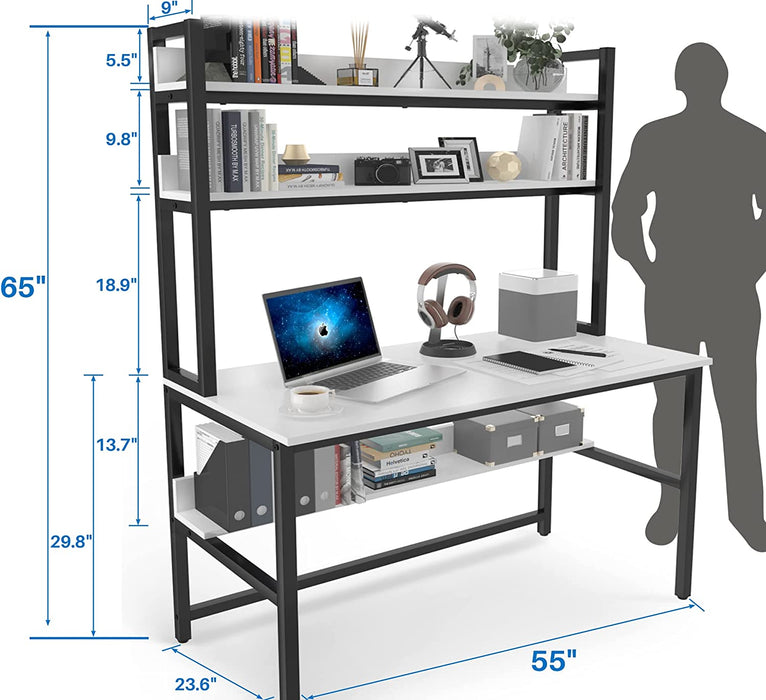 55-Inch White Desk with Hutch and Bookshelf