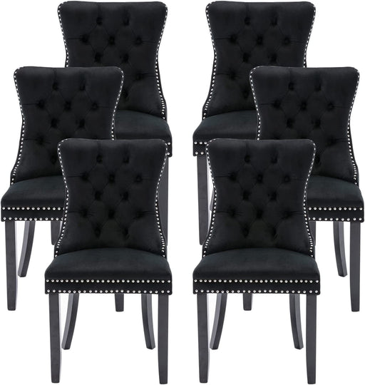 Black Velvet Ring Pull Trimmed Dining Chairs Set of 6