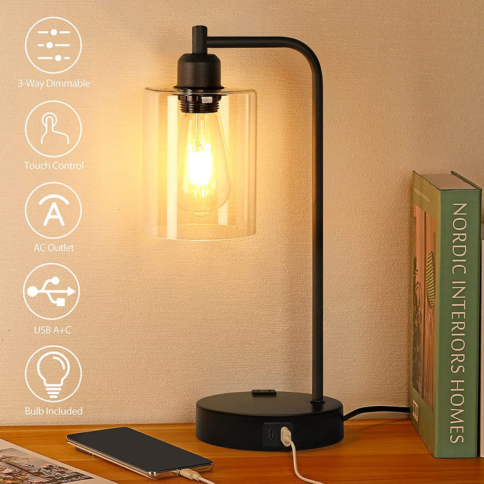 Industrial Bedside Table Lamp Set with Glass Shade