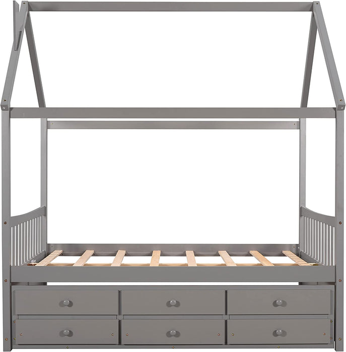 Gray Full House Bed with Trundle and Storage Drawers