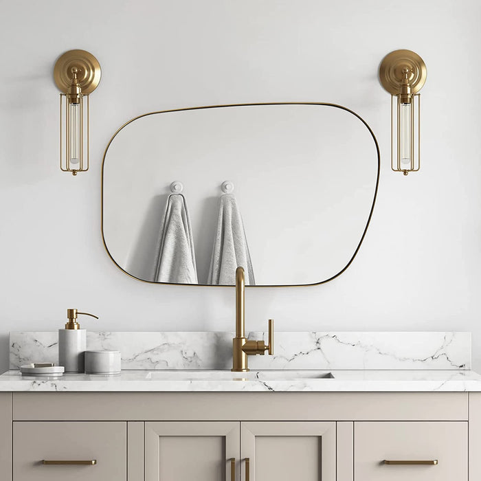 Irregular Mirror Asymmetrical Mirror for Wall 24X36” Brushed Gold Bathroom Mirror, Modern Wall Mirror for Living Room Bathroom Vanity Framed Mirror Wavy Mirror 1” Deep Set Design