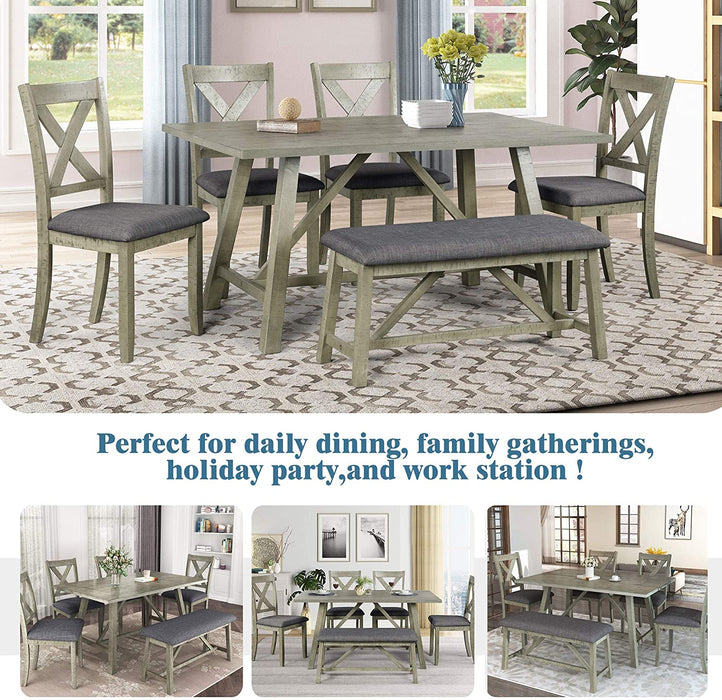 Rustic Gray Wooden 6-Piece Dining Table Set with Cushioned Chairs and Bench