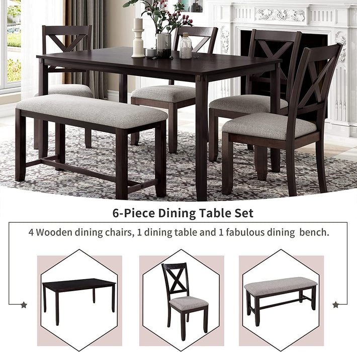 Farmhouse Style Wooden Dining Set for 6 with Bench