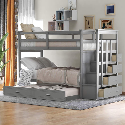 Twin over Twin Bunk Bed with Trundle, Storage, Stairs, Gray