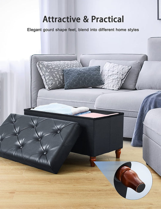 Black Faux Leather Ottoman with Storage and Legs