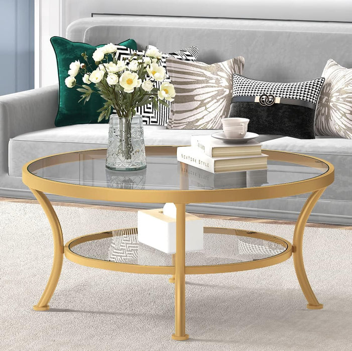 Gold 2-Tier Glass Top Coffee Table with Storage