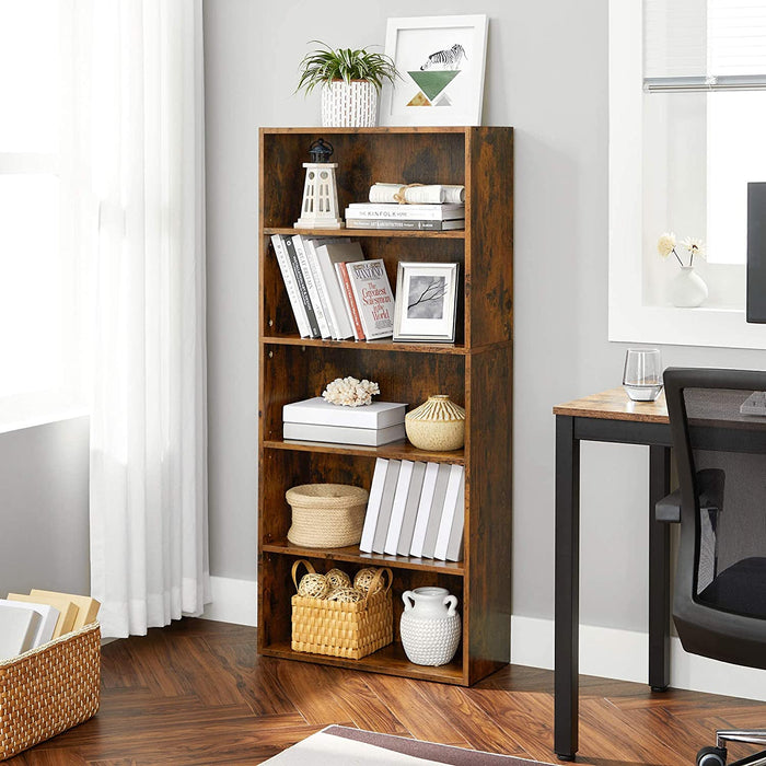 Rustic Brown 5-Tier Bookshelf with Adjustable Shelves