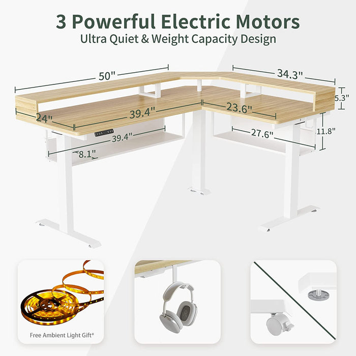 L-Shaped Standing Desk with Shelves, Triple Motors, Oak