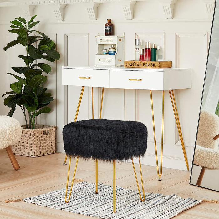 Fuzzy Black Ottoman with Gold Legs