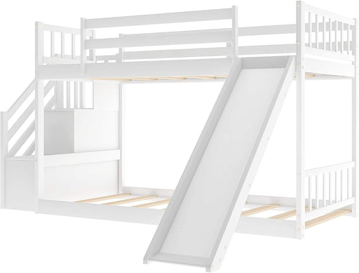Low Bunk Bed W/ Stairs, Slide & Storage, White