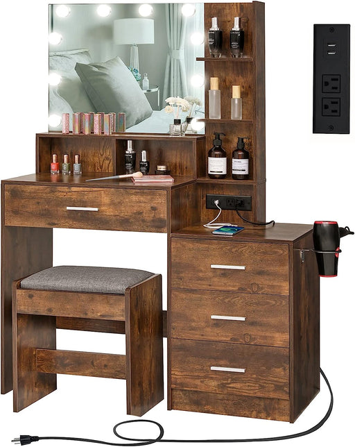 Large Rustic Brown Vanity Set with Charging Station