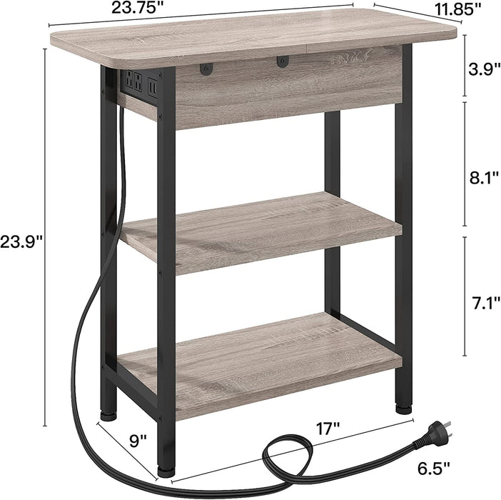 End Table with Charging Station, Flip Top Side Table for Small Spaces, Greige