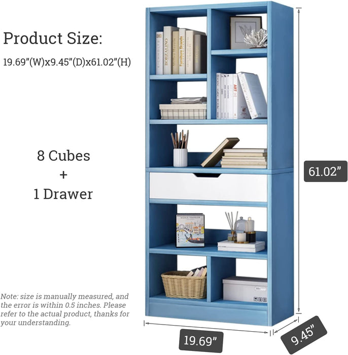 Bright Blue Wooden Bookcase with 8 Cubes