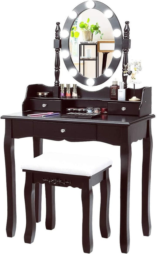 Brown Vanity Table Set with Swivel Mirror and Drawers