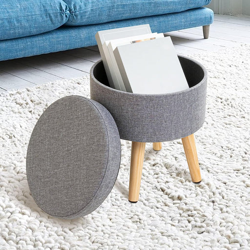 Linen Footstool with Wood Legs for Living Spaces