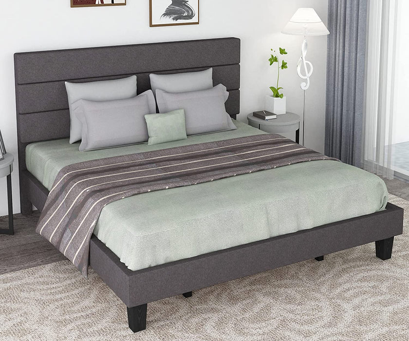 King Size Upholstered Platform Bed Frame, Linen Fabric Simple Style Headboard