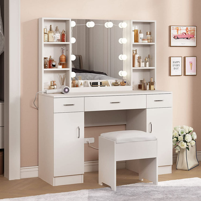 Makeup Vanity Desk with Lights, 3 Drawers, Shelves (White)