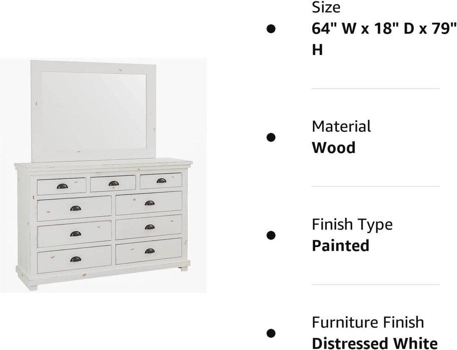 Willow Drawer Dresser with Mirror, Distressed White