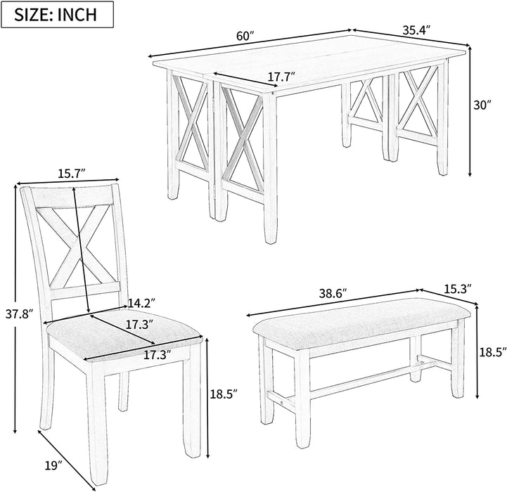 6 Piece Foldable Dining Set for 6 with Bench, Gray