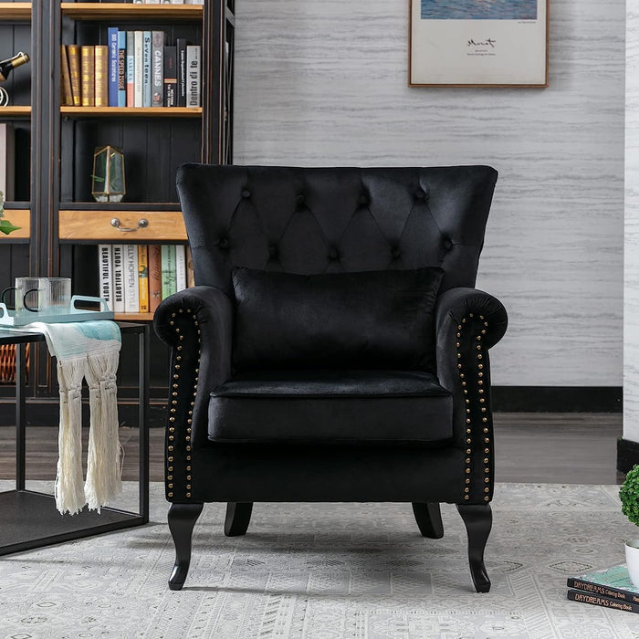 Black Velvet Wingback Chairs with Pillows (Set of 2)