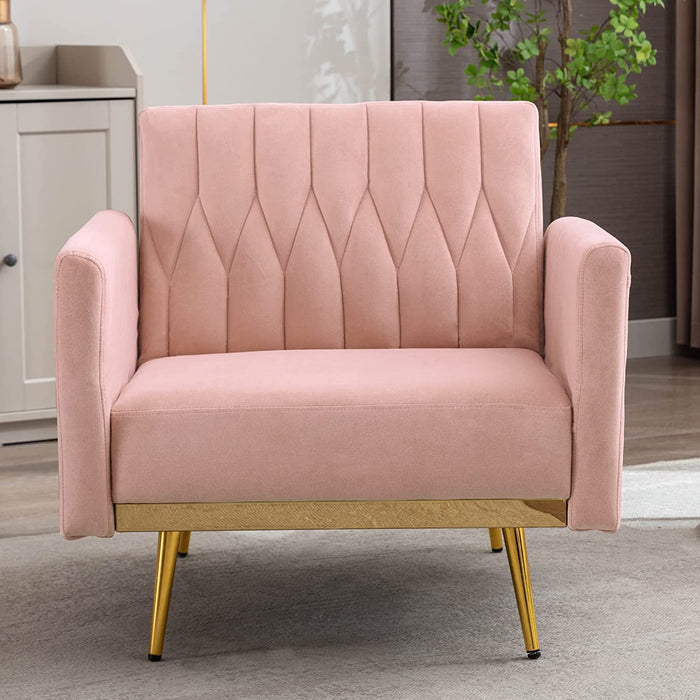 Pink Velvet Chair with Ottoman and Armrests