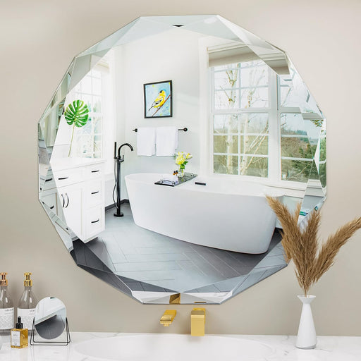 Bathroom Mirror, 30" round Wall Mirror, Frameless Bathroom Mirror with Diamond Edge Irregular Beveled Edge Mirror, Frameless Mirror Vanity Mirror for Bedroom, Living Room, Entryway, Hallway