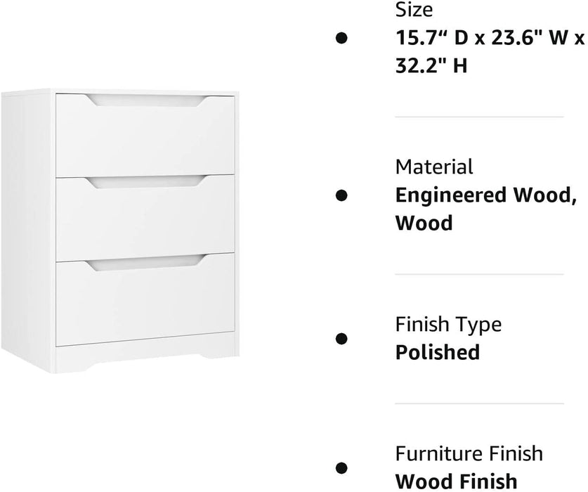 Modern 3 Drawer Dresser, White, Tall Nightstand