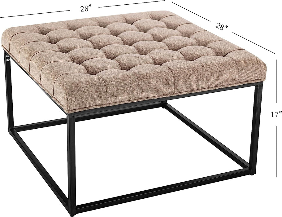 Square Tufted Ottoman with Metal Base, Light Brown
