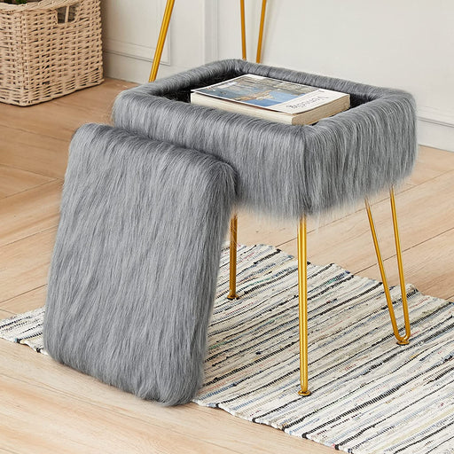 Gray Fuzzy Ottoman with Gold Legs