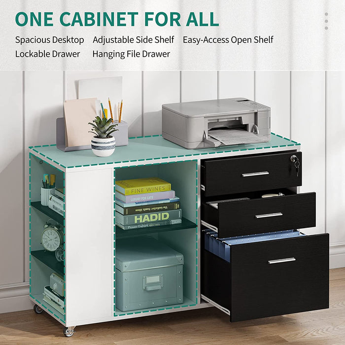 Lockable 3-Drawer Mobile Filing Cabinet with Shelves