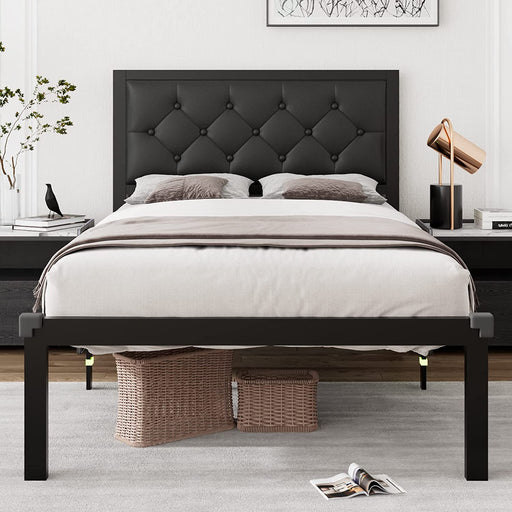 Twin Faux Leather Bed Frame with Button Tufted Headboard