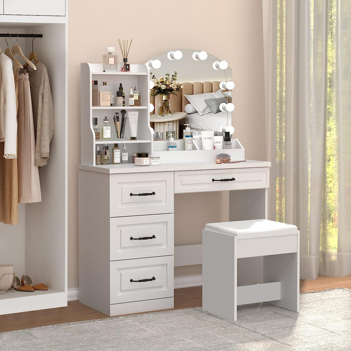 White Vanity Set with Lights and 4 Drawers