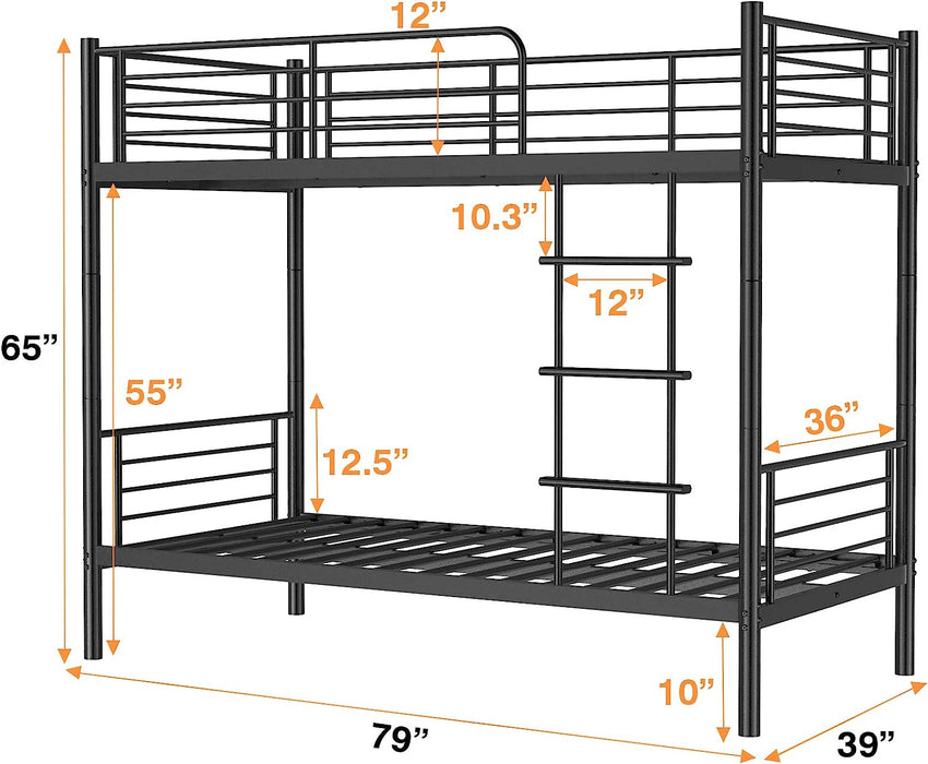 Heavy-Duty Twin Bunk Bed with Guard Rails, Metal