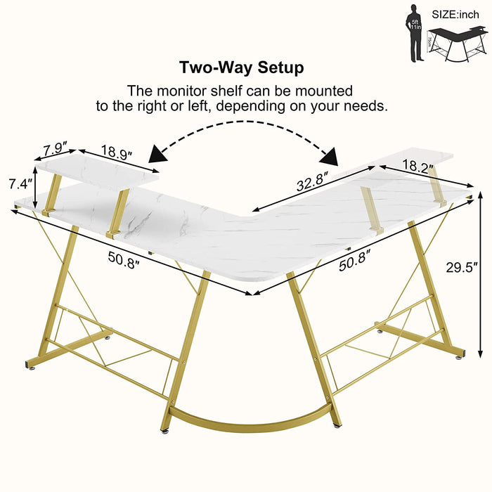 Marble Laminate L-Shaped Gaming Desk with Monitor Stand