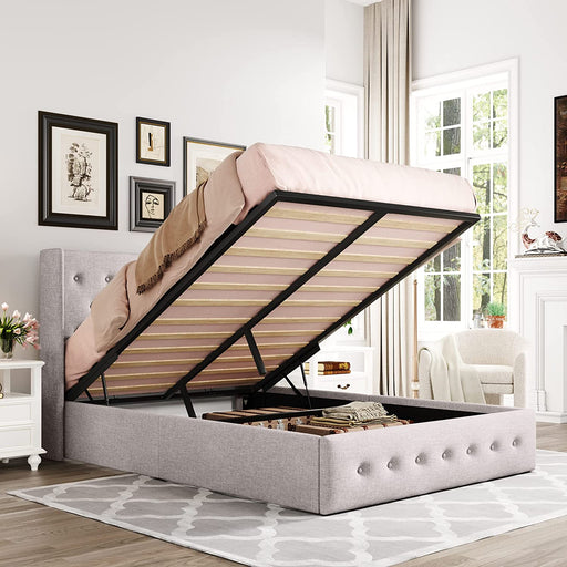 Full Platform Bed Frame with Lifting Storage, Wingback Headboard