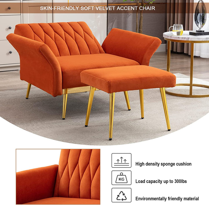 Orange Velvet Chair with Ottoman and Armrests