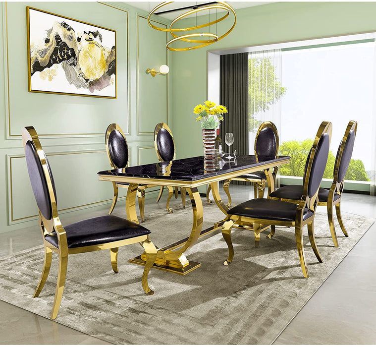 7 Pieces Modern Dining Room Table Set with 6 Black Leather Dining Chairs
