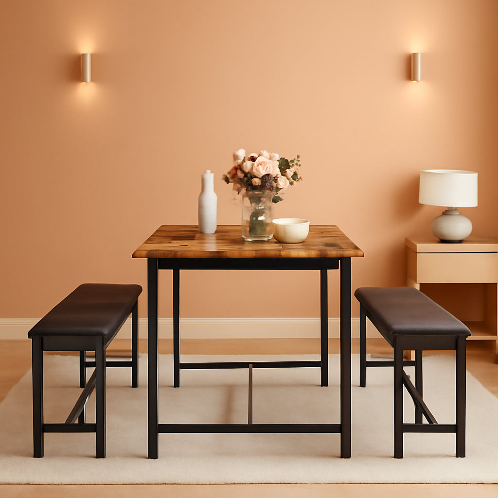 3Piece Rustic Brown Dining Table Set for 4 with Benches — ShipItFurniture